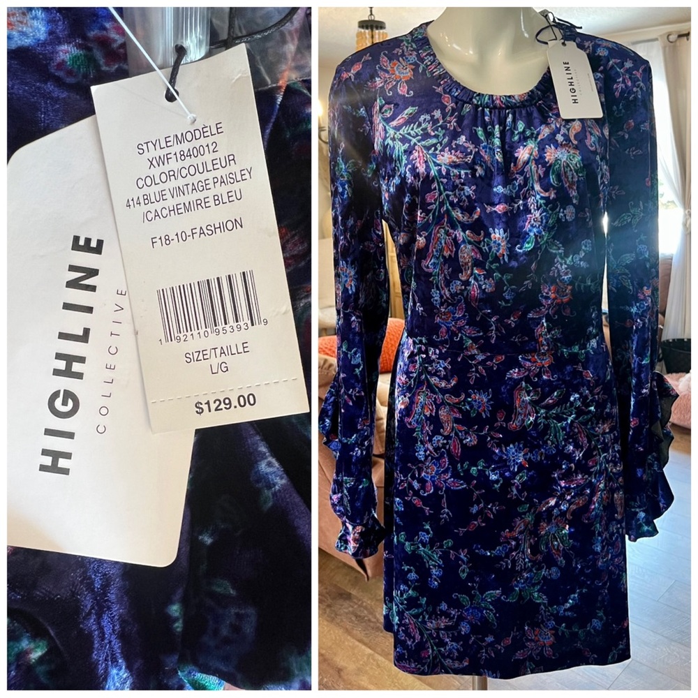 NEW Highline Collective Blue Vintage Paisley Velvet Dress Size Large